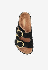 Ferragamo Kapalua Suede Slides with Double-Buckle Black 01K488 KAPALUA FUR 785280-NERO