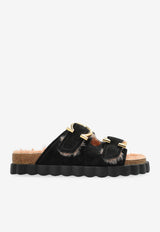 Ferragamo Kapalua Suede Slides with Double-Buckle Black 01K488 KAPALUA FUR 785280-NERO
