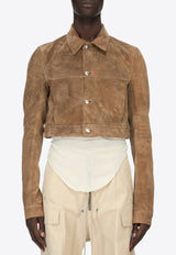 Rick Owens Temple Cropped Worker Jacket in Suede Brown RR01F2703LCSU_104