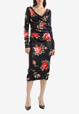 Rose Bouquet-Print Draped Satin Dress