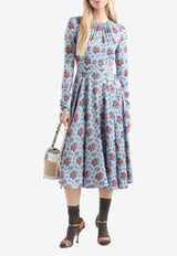 Small Flower Bouquets-Print Midi Charmeuse Dress