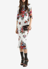 Flower Bouquet-Print Satin Sheath Dress