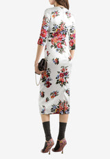Flower Bouquet-Print Satin Sheath Dress