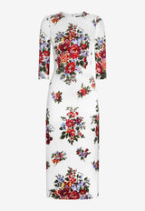 Flower Bouquet-Print Satin Sheath Dress