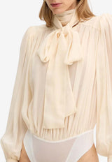 Elisabetta Franchi Silk Bodysuit Blouse with Scarf Cream CB00661E2_193