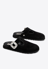 Roger Vivier Slidy Viv' Crystal Buckle Suede Mules Black RVW62542100HG0/T_ROGVI-B999