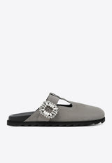 Roger Vivier Slidy Viv' Crystal Buckle Suede Mules Gray RVW62542100J9E/T_ROGVI-B213