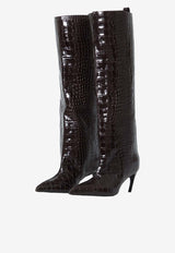 The Attico Lea 65 Knee-High Boots in Croc-Embossed Leather Dark Brown 261WSH00879-155PR-204