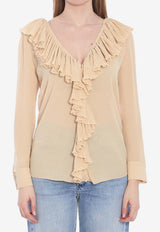 Saint Laurent Ruffled V-neck Blouse Beige 820973-Y3K45-9520