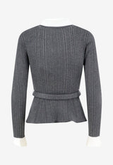 Self-Portrait Ribbed Knit Belted Cardigan Gray PF26131TGRGREY_GREY_70014003