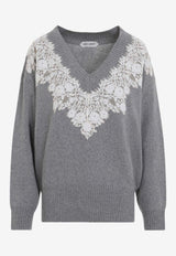 Lace-Trimmed V-neck Sweater
