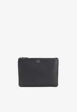 VLogo Grained Leather Zip Pouch