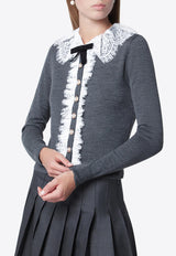 Self-Portrait Lace-Trimmed Knitted Wool Cardigan Gray PF26-134CWO/T_SELF-GR