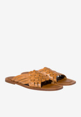 Miu Miu Woven Leather Flat Sandals Cognac 5XX678FA0153ZN8_F0151