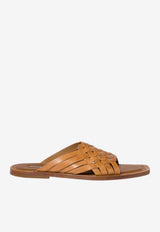 Miu Miu Woven Leather Flat Sandals Cognac 5XX678FA0153ZN8_F0151