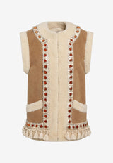 Valentino Embellished Shearling and Suede Vest Beige 9B3NL0AD9FC/T_VALE-CSA