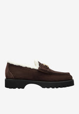 Valentino VLogo Fur-Trimmed Suede Loafers Brown 9W2S0NF5KJD/T_VALE-2WA