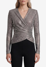 Self-Portrait Rhinestone Mesh Wrap Top Gray AW26-154T--GR