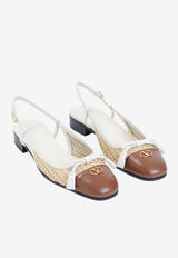 VLogo Leather and Raffia Slingback Flats