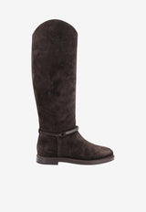 Brunello Cucinelli Embellished Strap Knee-High Suede Boots Brown MZSFC3316C9795_PEPPER_70014723