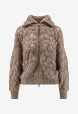 Brunello Cucinelli Micro-Sequin Chunky Knit Zip Cardigan Brown MNT347516CLE69_BROWN_70014890