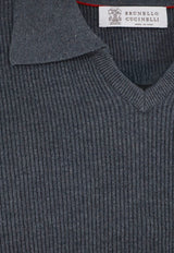 Brunello Cucinelli Ribbed Knit Polo T-shirt Gray M29400015CB869_PIOMBOSABBIA_70211158