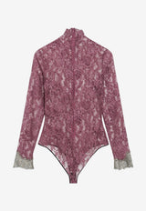 Valentino Floral Lace Cuff Bodysuit Burgundy 9B3MR02JAF4/T_VALE-697