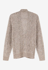 Brunello Cucinelli V-neck Open Knit Cardigan Beige MRG562506CMV48_BROWN_70014688