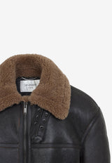 Shearling-Trimmed Leather Biker Jacket