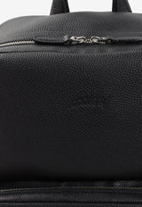 Embossed Logo Grained Leather Backpack