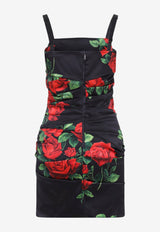 Rose Print Ruched Satin Mini Dress