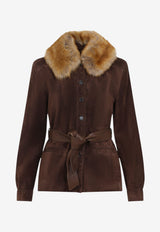 Belted Suede Jacket with Fur Collar