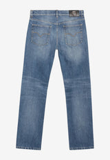 Versace Logo Patch Straight-Leg Washed Denim Pants Light Blue 10241301A19189/T_VERSA-1D190