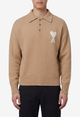 AMI PARIS Intarsia Knit Ami De Coeur Polo Sweater Beige UPL408-KN0135-A278