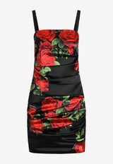 Dolce & Gabbana Rose Print Satin Ruched Mini Dress Multicolor F619ATFSA9SHN6EJ_ROSEROSSNERO_70013742