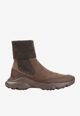 Suede and Rib Knit Ankle Boots