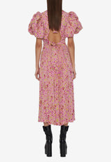 ROTATE Floral Puff-Sleeve Midi Dress Pink 1101101100FUCHSIA