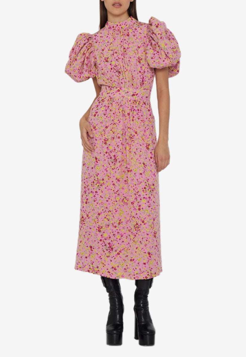 ROTATE Floral Puff-Sleeve Midi Dress Pink 1101101100FUCHSIA