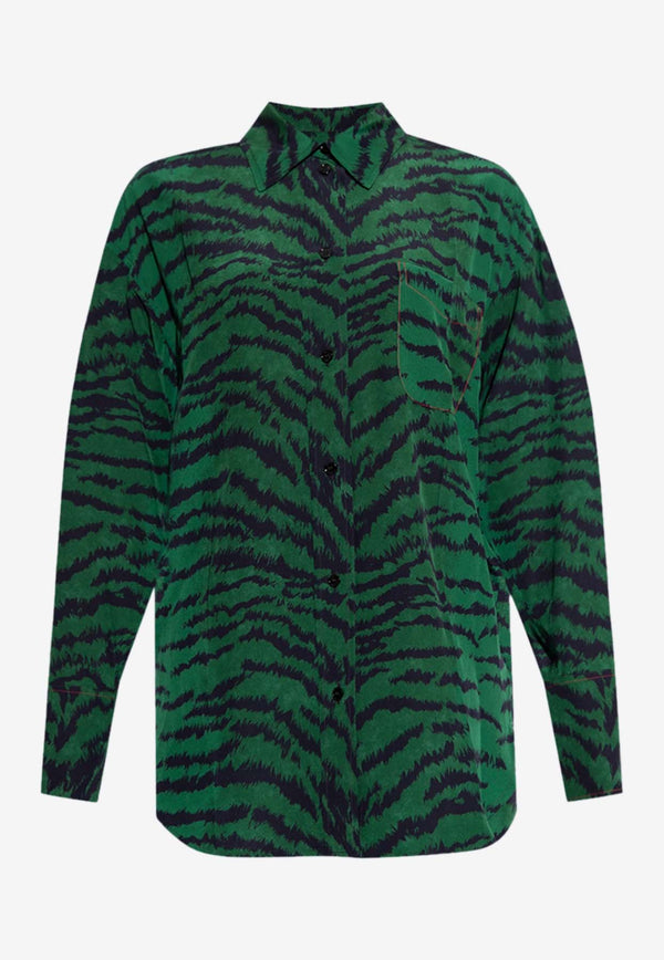 Victoria Beckham Animal Print PJ Silk Shirt 1124WSH005278AGREEN