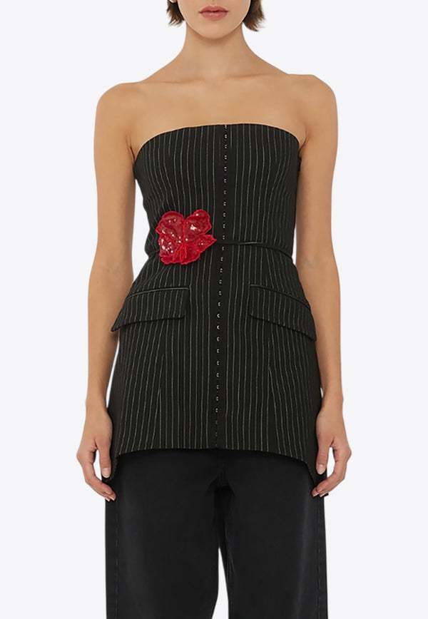 ROTATE Pinstriped Strapless Top with Flower Applique Black 1130932470BLACK