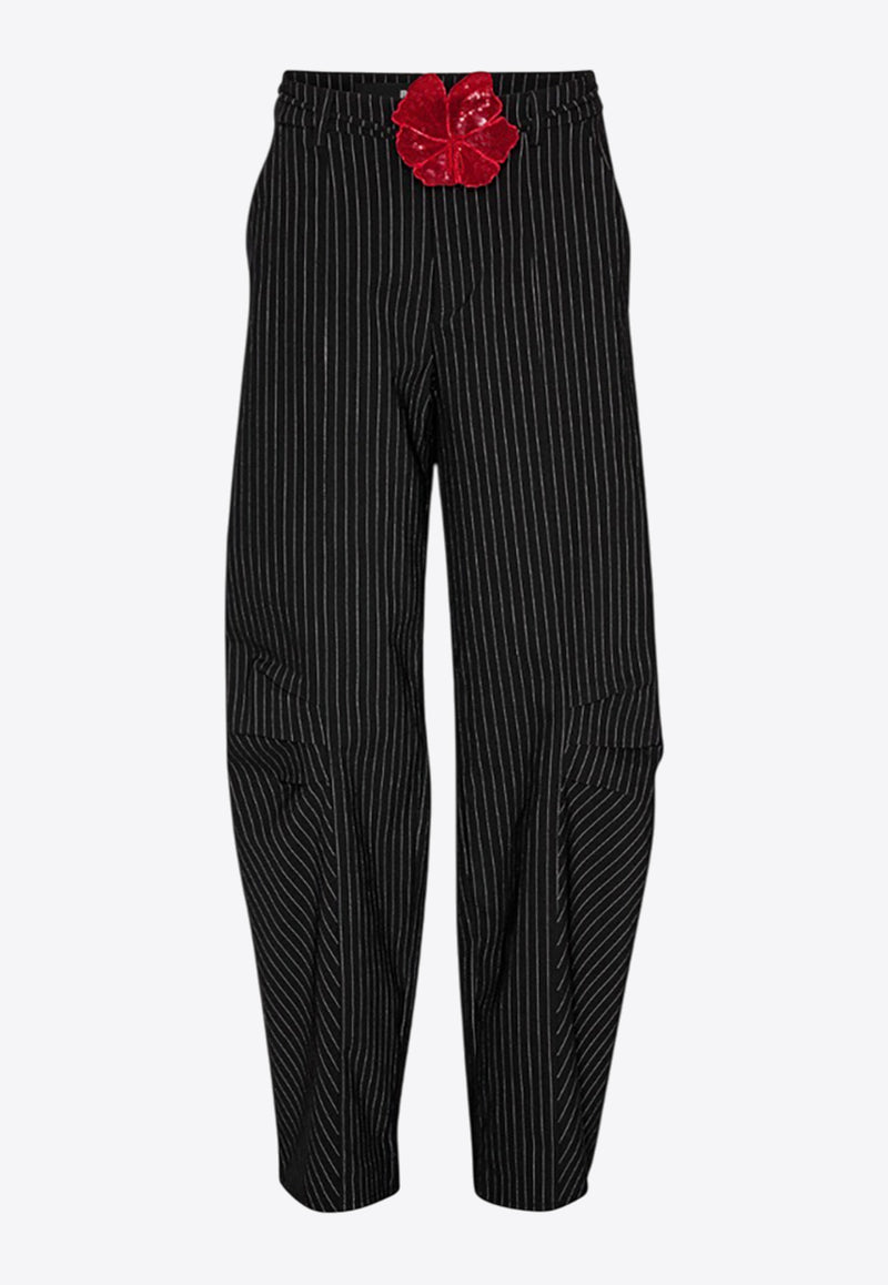 ROTATE Pinstriped Cargo Pants with Floral Applique Black 1131372470BLACK