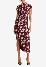 ROTATE Asymmetric Floral Midi Dress Burgundy 1145112934_PRINTED