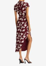 ROTATE Asymmetric Floral Midi Dress Burgundy 1145112934_PRINTED