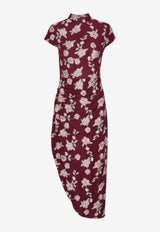 ROTATE Asymmetric Floral Midi Dress Burgundy 1145112934_PRINTED