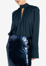 ROTATE Satin Bow Long-Sleeved Blouse Navy 1151102318_DARK BLUE