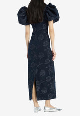 ROTATE Floral Jacquard Puff-Sleeved Midi Dress Navy 1151172318_DARK BLUE