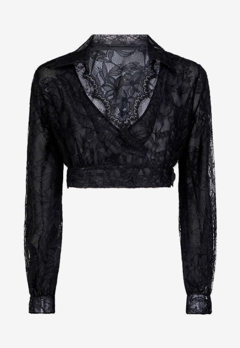 Etro Long-Sleeved Cropped Lace Top 11739-0641 0001 Black