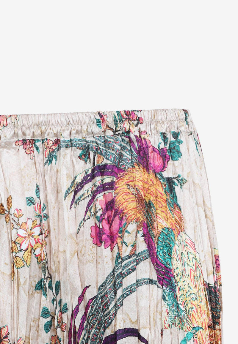 Floral Print Asymmetric Silk Midi Skirt