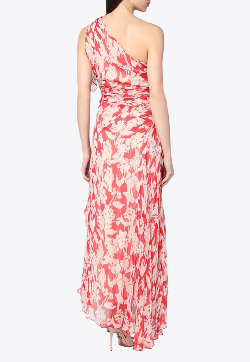 Victoria Beckham Floral Print One-Shoulder Draped Midi Dress Red 1225WDR006487ASI/Q_VIBEC-CB