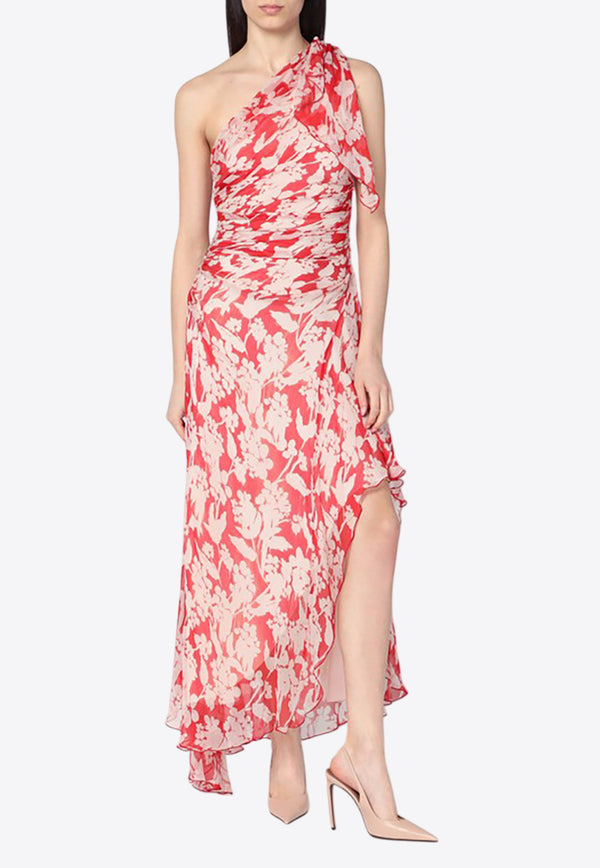 Victoria Beckham Floral Print One-Shoulder Draped Midi Dress Red 1225WDR006487ASI/Q_VIBEC-CB
